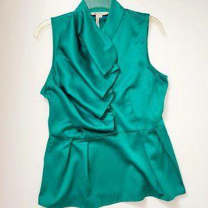 BCBG EMERALD GREEN, SATIN, RUFFLE FRONT SLEEVELESS TOP, SZ S
